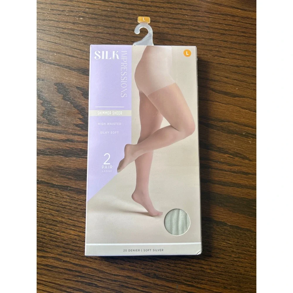 Silk Impressions L 2Pack Sheer Shimmer High Waist Pantyhose Soft Silver 20Denier